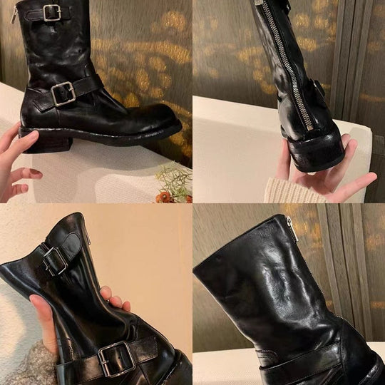 Damen Wadenhohe Biker‑Stiefel aus Glattleder mit Doppelgurt und Rückreißverschluss Nord Taschen