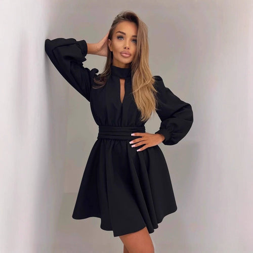 Damen Elegantes Kurzkleid mit Stehkragen, Cut-Out, weitem Glockenrock und Taillenschärpe Nord Taschen