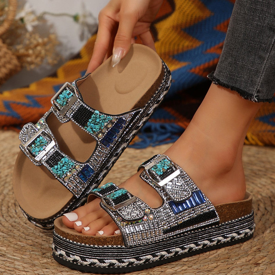 Damen Dekorative Zehentrenner-Sandalen mit breiten Riemen und funkelnden Akzenten
