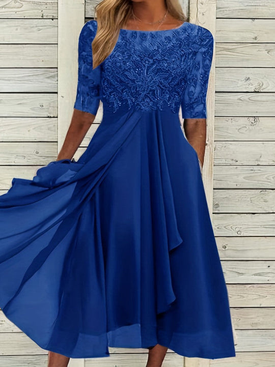 Damen nan V-Ausschnitt Chiffon-Midikleid mit besticktem Bustier, transparenten dreiviertel-Ärmeln und asymmetrischem Lagenrock
