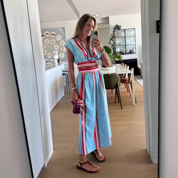 Damen Strandmaxi-Kleid mit elastischem Taillenbund und buntem Streifenmuster