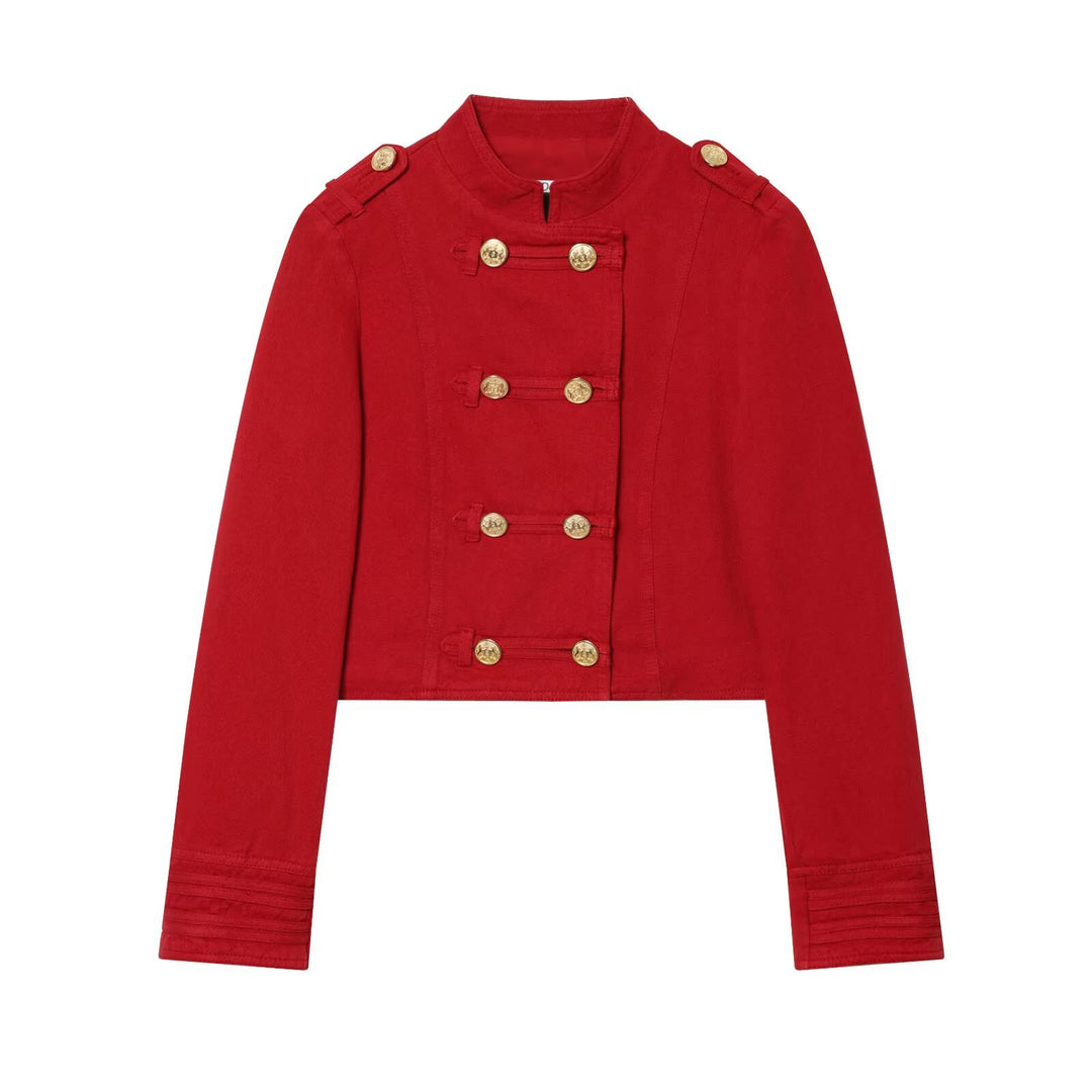 Damen Kurze Militärblazer-Jacke mit Stehkragen und goldenen Zierknöpfen Nord Taschen