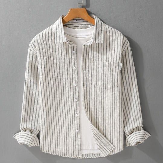 Herren Gestreiftes Relaxed-Overshirt aus strukturiertem Baumwollmix mit Brusttasche Nord Taschen