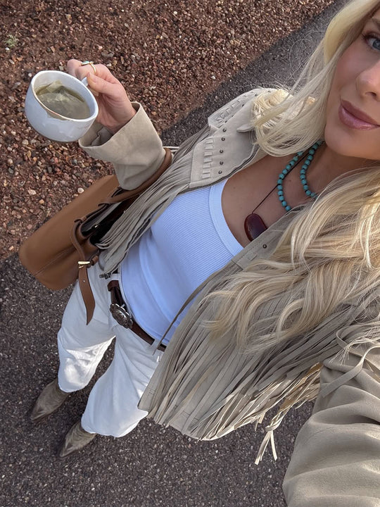 Damen Kurzfransen-Suedejacke im Westernstil mit Ziernähten und Nieten Nord Taschen