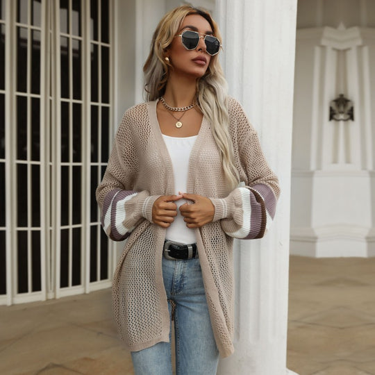 Damen Offene Longcardigan-Strickjacke mit Lochstrick, Ballonärmeln und gestreifter Ärmelpassform Nord Taschen