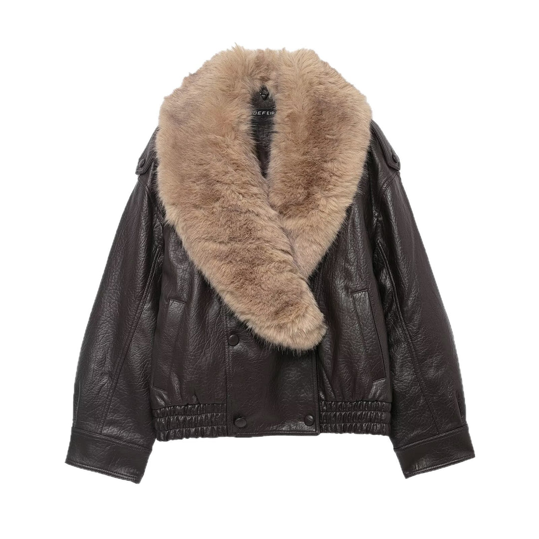 Damen Cropped Lederblouson mit voluminösem Pelzkragen und Taillen-Smock Nord Taschen