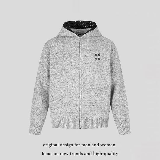 Damen Zip-Kapuzen-Strickjacke mit gepunkteter Kapuzenfütterung und Sternchen-Stickerei Nord Taschen