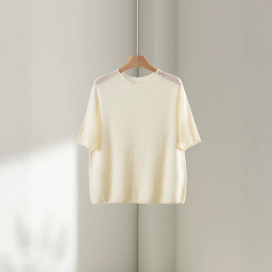 Damen Leichtes Feinstrick-Shirt mit halblangen Ärmeln, Rundhals und feinem Lochmuster Nord Taschen