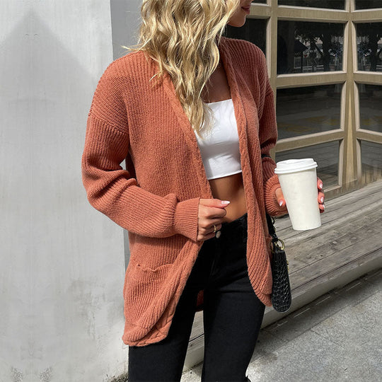 Damen Langer Offener Cozy-Cardigan aus Grobstrick mit aufgesetzten Taschen und entspanntem Fall Nord Taschen