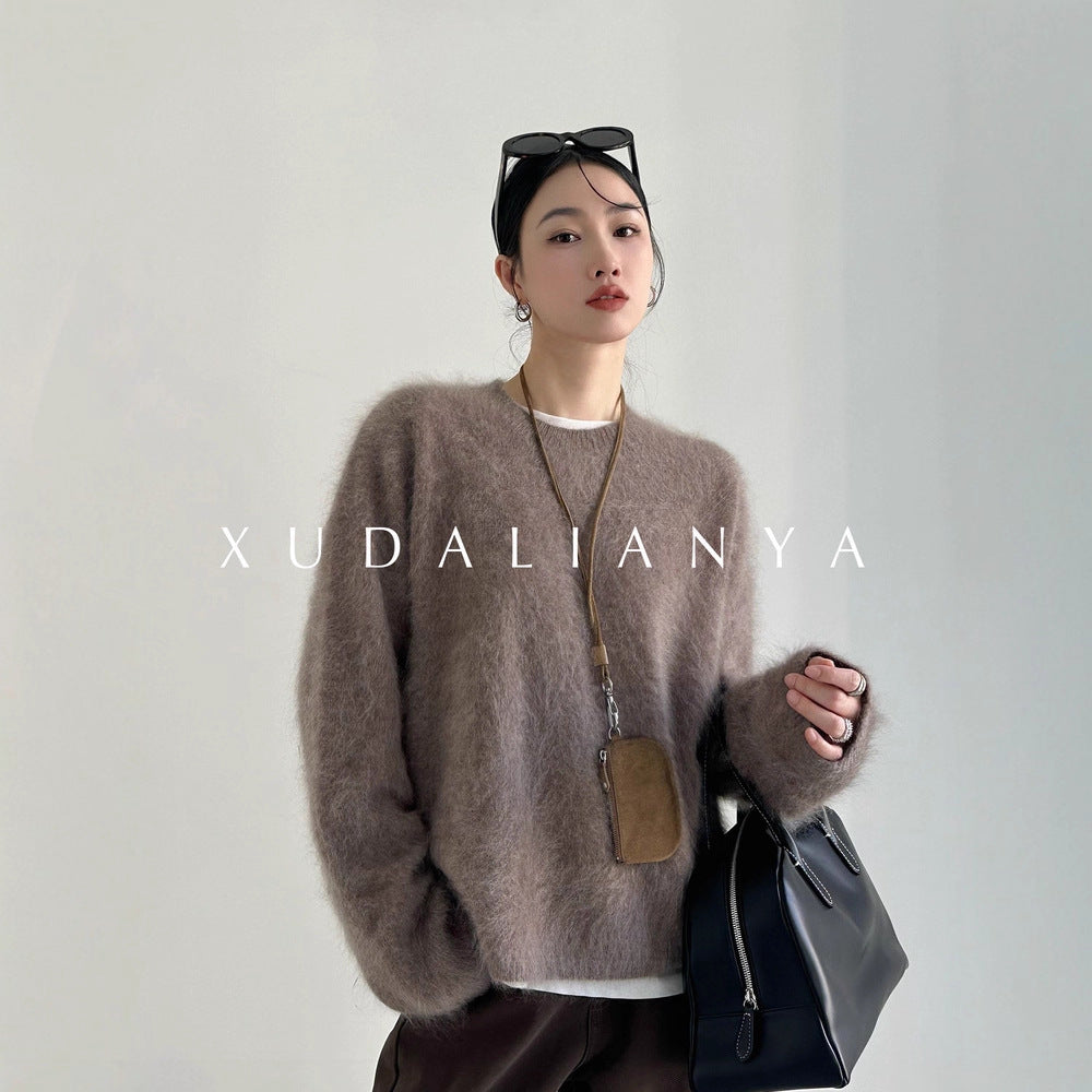 Damen weicher Mohair-Pullover mit Rundhals und Oversize-Schnitt Nord Taschen