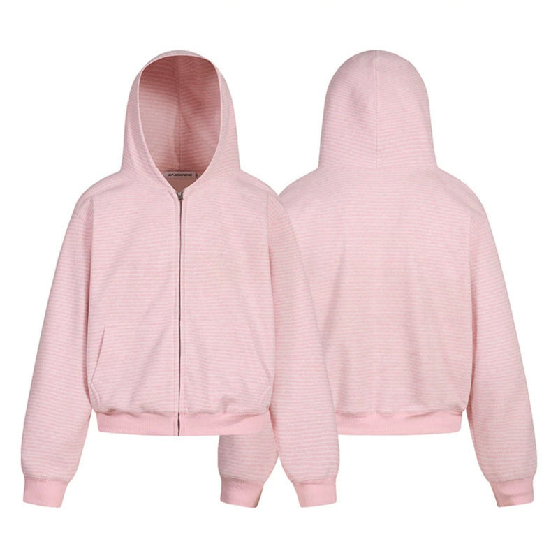 Damen Kurz geschnittene Kapuzen-Sweatjacke mit kurzem Bund, Streifenstruktur und Reißverschluss Nord Taschen