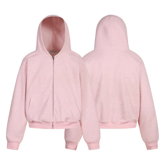 Damen Kurz geschnittene Kapuzen-Sweatjacke mit kurzem Bund, Streifenstruktur und Reißverschluss Nord Taschen