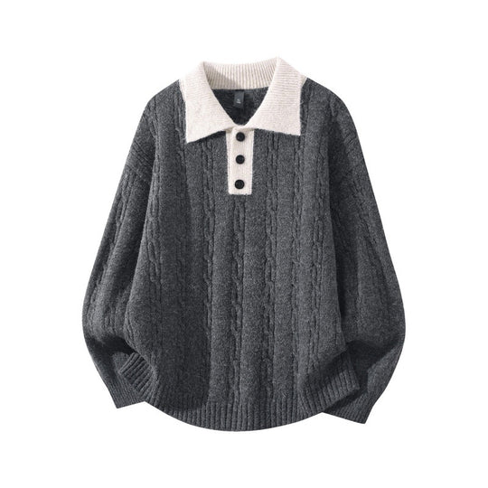 Herren Oversize Zopfmuster-Polo-Strickpullover mit Kontrastkragen und Dreiknopfleiste Nord Taschen