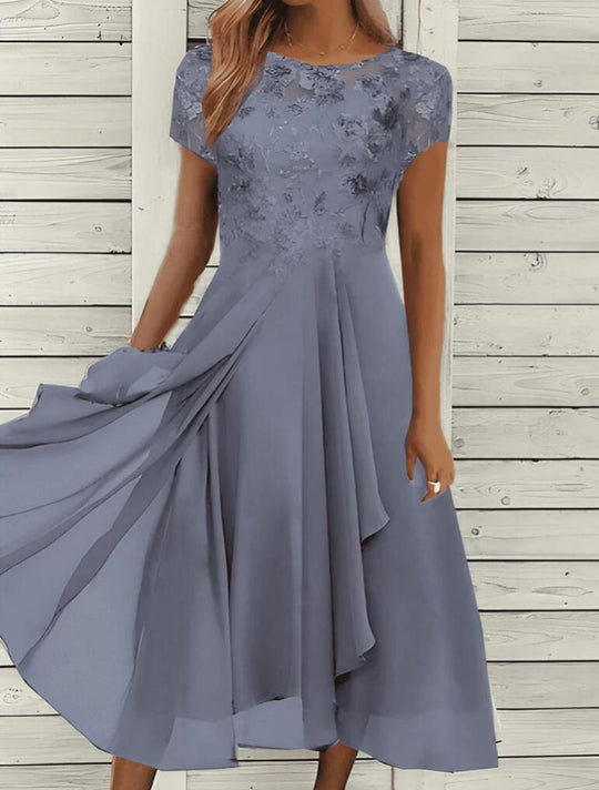 Damen nan fließendes Chiffon-Midikleid mit blumenbesticktem Oberteil und asymmetrischem Stufenrock - Vittorelli