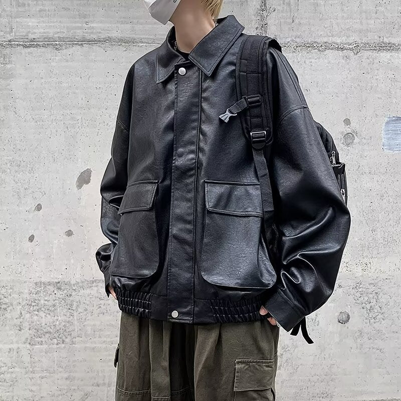 Herren Boxy Overshirt aus Lederoptik mit Hemdkragen und aufgesetzten Brusttaschen Nord Taschen