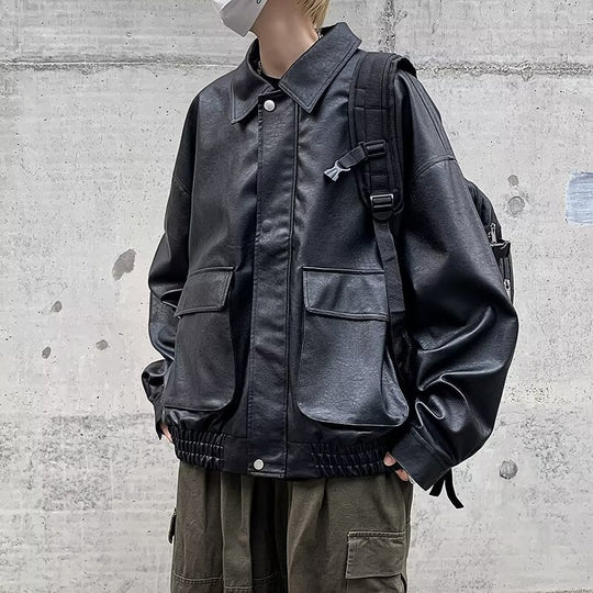 Herren Boxy Overshirt aus Lederoptik mit Hemdkragen und aufgesetzten Brusttaschen Nord Taschen