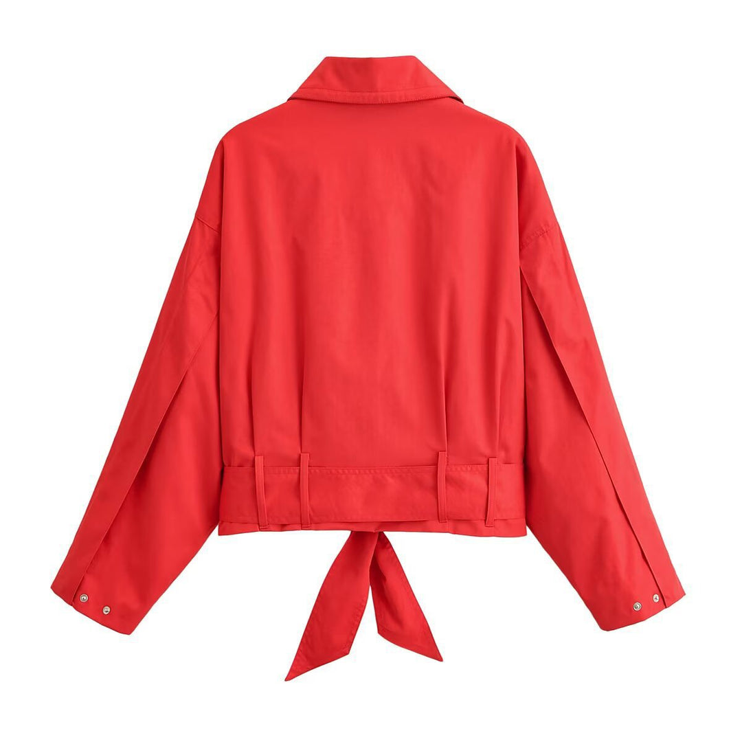 Damen Cropped Übergangsjacke mit Taillenband und Hemdkragen Nord Taschen