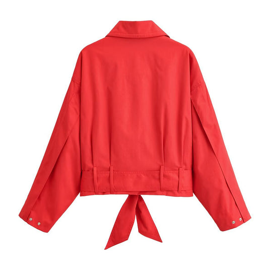 Damen Cropped Übergangsjacke mit Taillenband und Hemdkragen Nord Taschen