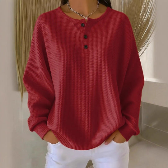 Damen Oversize Waffelstrick-Henleyshirt mit Knopfleiste und Rundhalsausschnitt Nord Taschen
