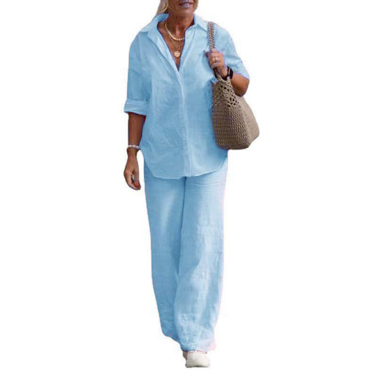 Damen Leichtes Leinen-Optik Zweiteiler mit Oversize-Hemd und weiter Palazzohose Nord Taschen