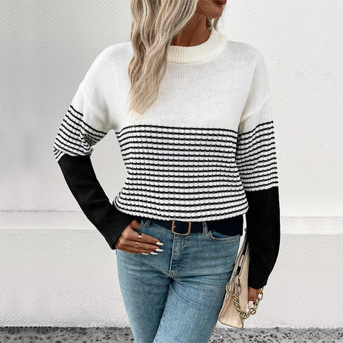 Damen Relaxed-Fit Blockstreifen-Feinstrickpullover mit Rippbündchen und überschnittener Schulter Nord Taschen