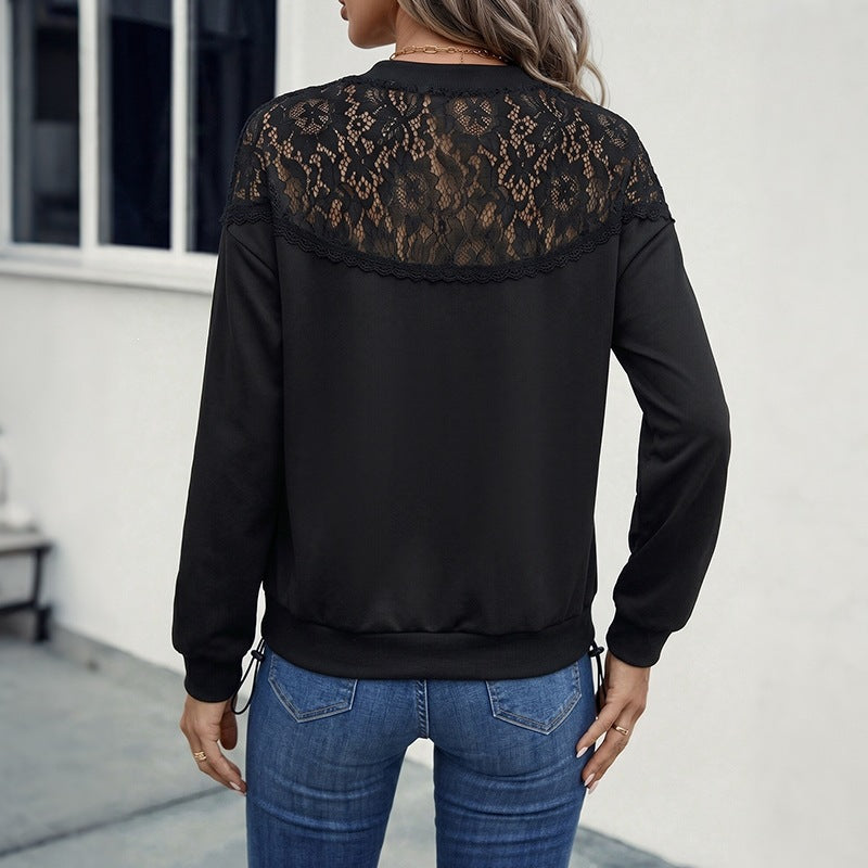 Damen Legeres Langarmshirt mit transparenter Spitzenpasse und Rundhalsausschnitt Nord Taschen
