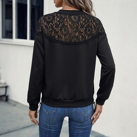 Damen Legeres Langarmshirt mit transparenter Spitzenpasse und Rundhalsausschnitt Nord Taschen