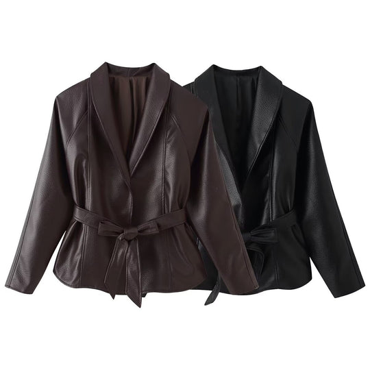 Damen Taillierter Bindegürtel-Lederblazer mit Schalkragen Nord Taschen