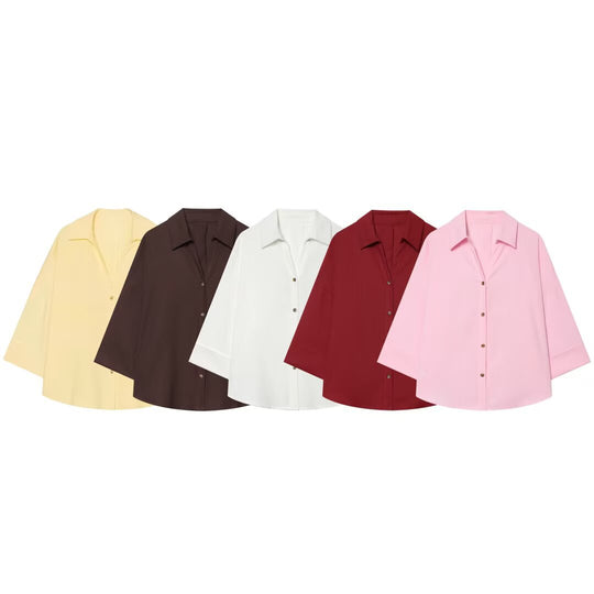 Damen Oversized Hemdbluse mit kastigem Schnitt, dreiviertelärmeln und Hornknopfleiste Nord Taschen