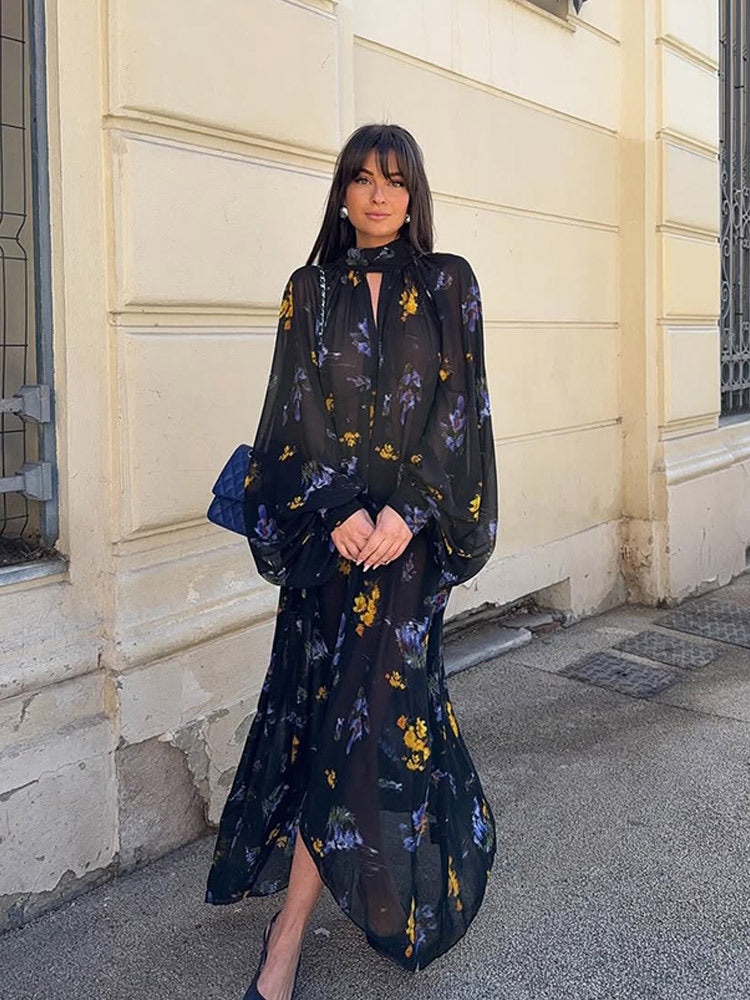 Damen Chiffon-Maxikleid mit Stehkragen, Keyhole-Ausschnitt & voluminösen Ballonärmeln Nord Taschen