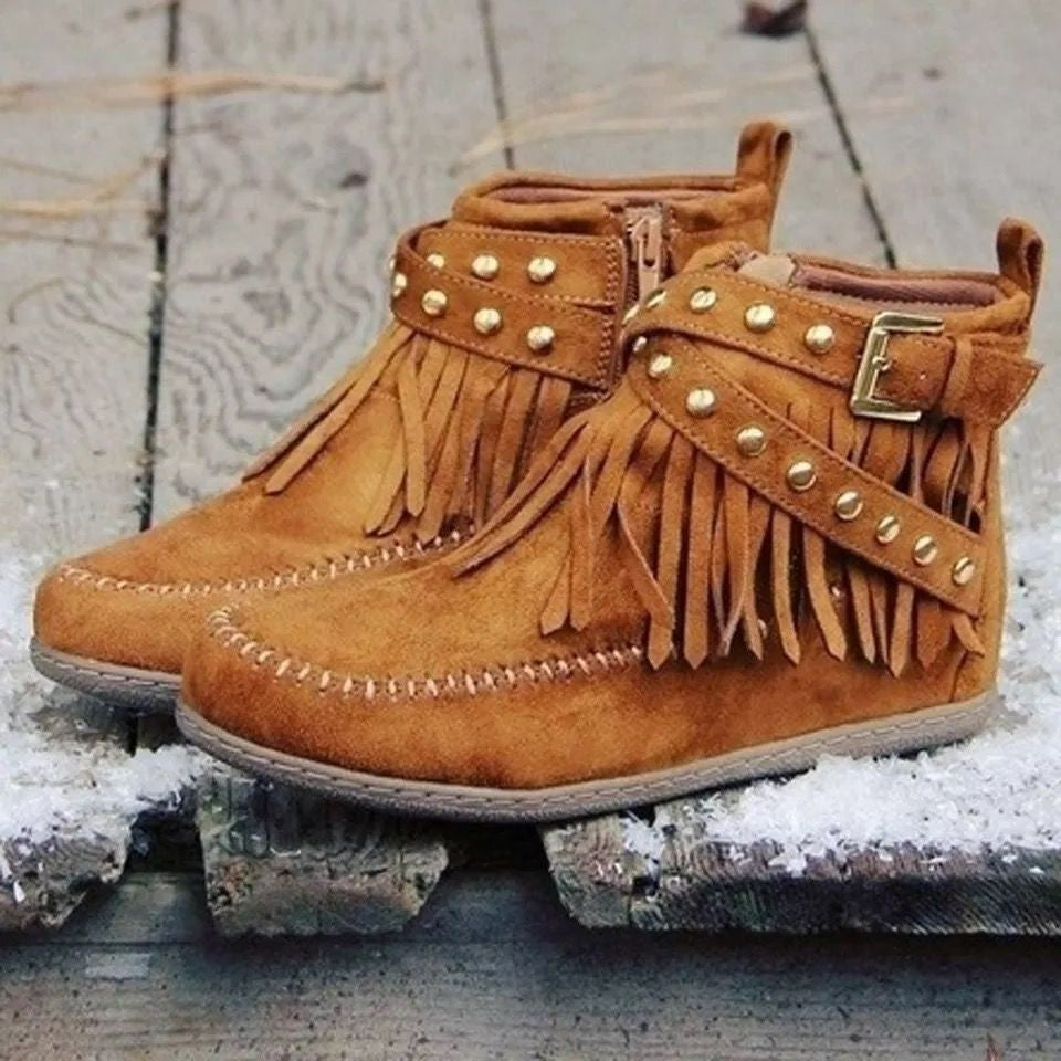 Damen Fransen-Ankleboots im Mokassinstil mit Ziernaht, Schnallenriemen und weicher Gummisohle Nord Taschen