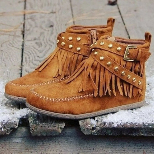 Damen Fransen-Ankleboots im Mokassinstil mit Ziernaht, Schnallenriemen und weicher Gummisohle Nord Taschen