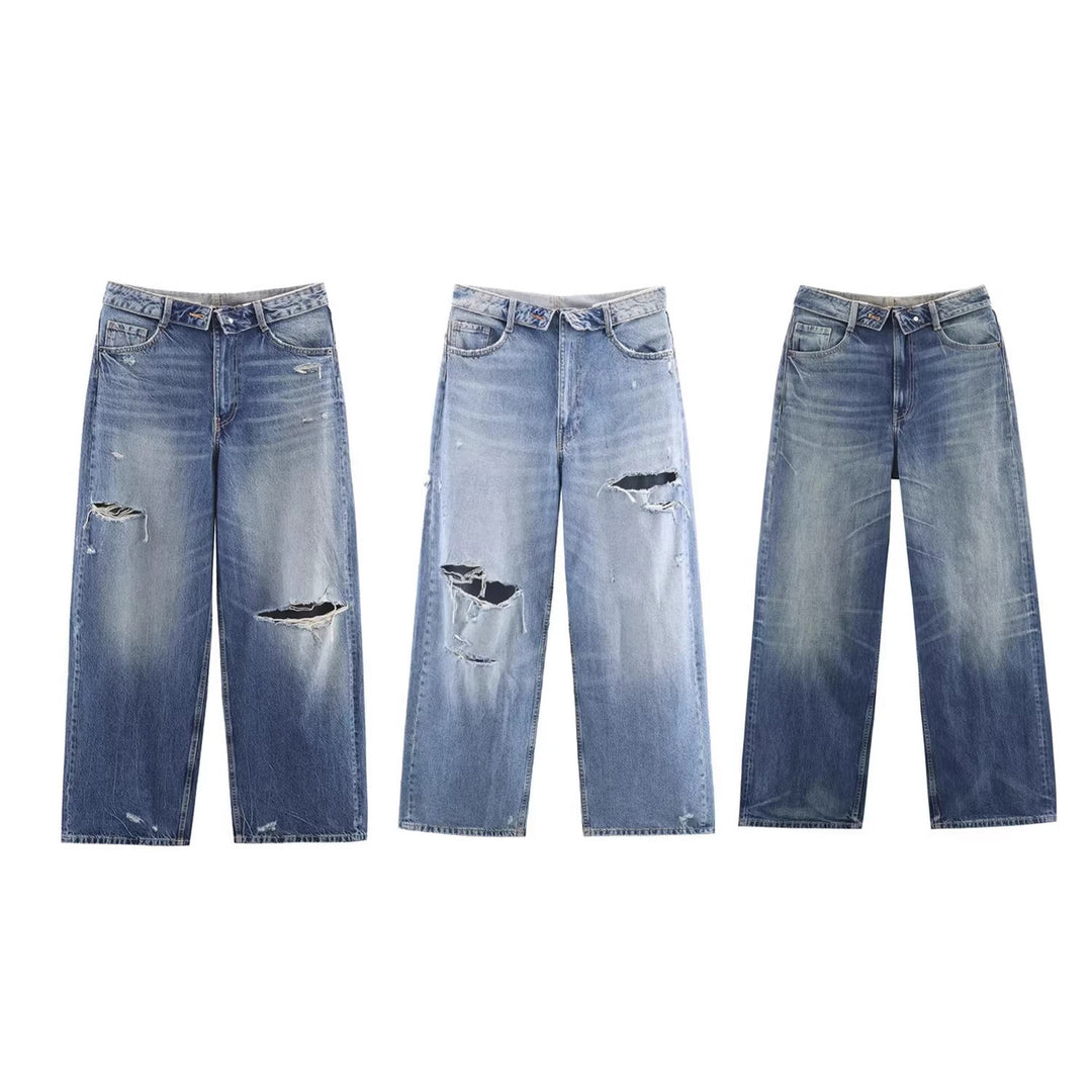 Damen Weite Destroyed-Jeans mit hoher Taille und geradem Bein Nord Taschen