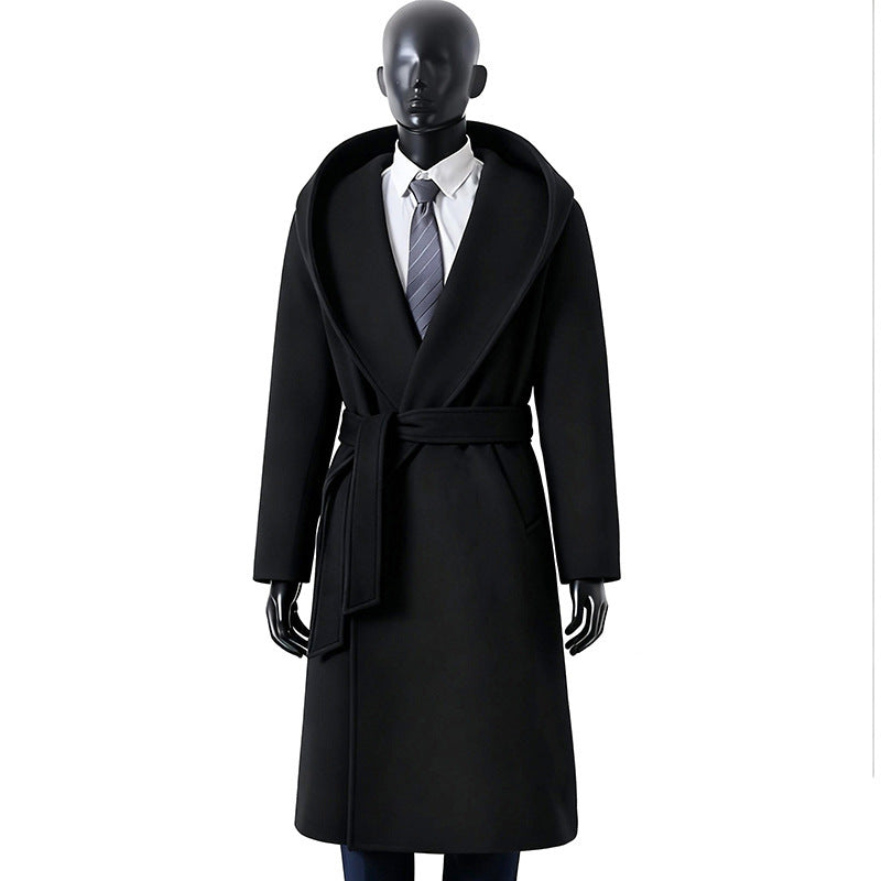 Herren Robenmantel aus Wollmix mit weitem Schalkragen und Bindegürtel Nord Taschen
