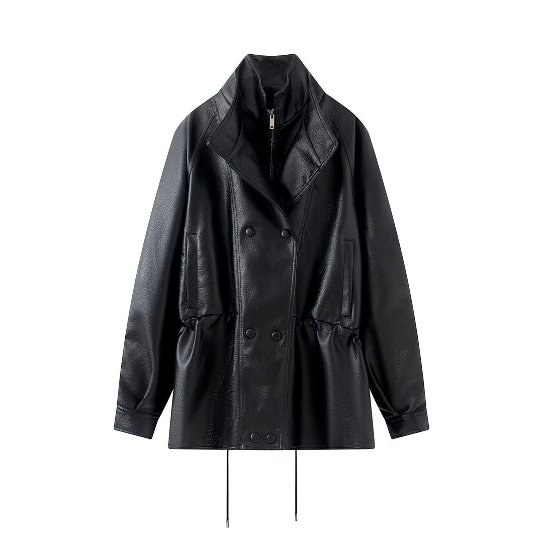 Damen Doppelreihige Kunstlederjacke mit Stehkragen, weitem Revers und Tunnelzug Nord Taschen