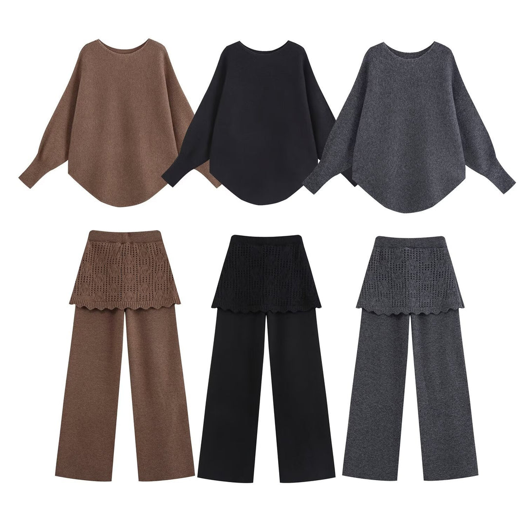 Damen Zweiteiliges Strick-Set mit Oversize-Pullover, Lochmuster-Miniüberrock und weiter Palazzohose Nord Taschen