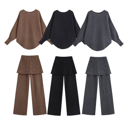 Damen Zweiteiliges Strick-Set mit Oversize-Pullover, Lochmuster-Miniüberrock und weiter Palazzohose Nord Taschen