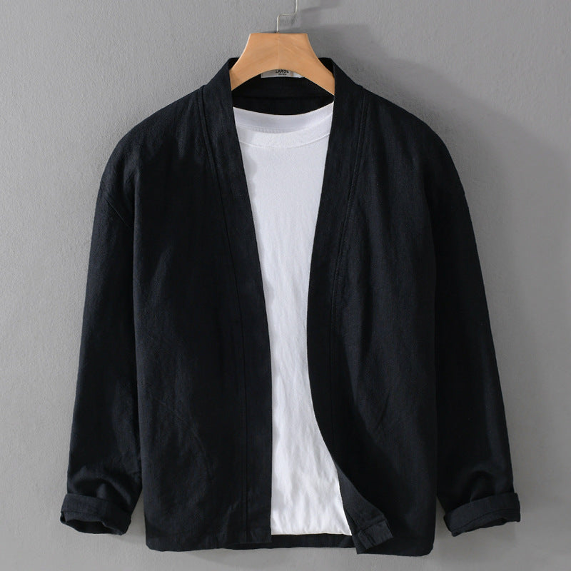 Herren Offene Leinen-Overjacket mit Kimono-Kragen und Relaxed-Fit Nord Taschen