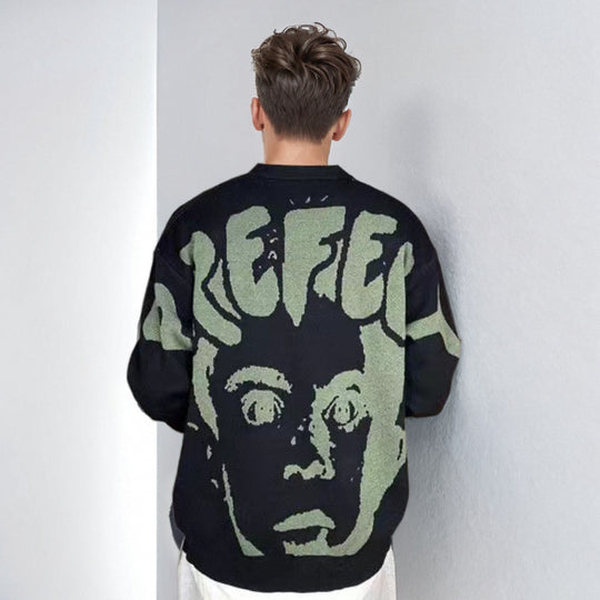 Herren Oversized-Strickpullover mit großflächigem Jacquard-Gesichtsmotiv und geripptem Saum Nord Taschen
