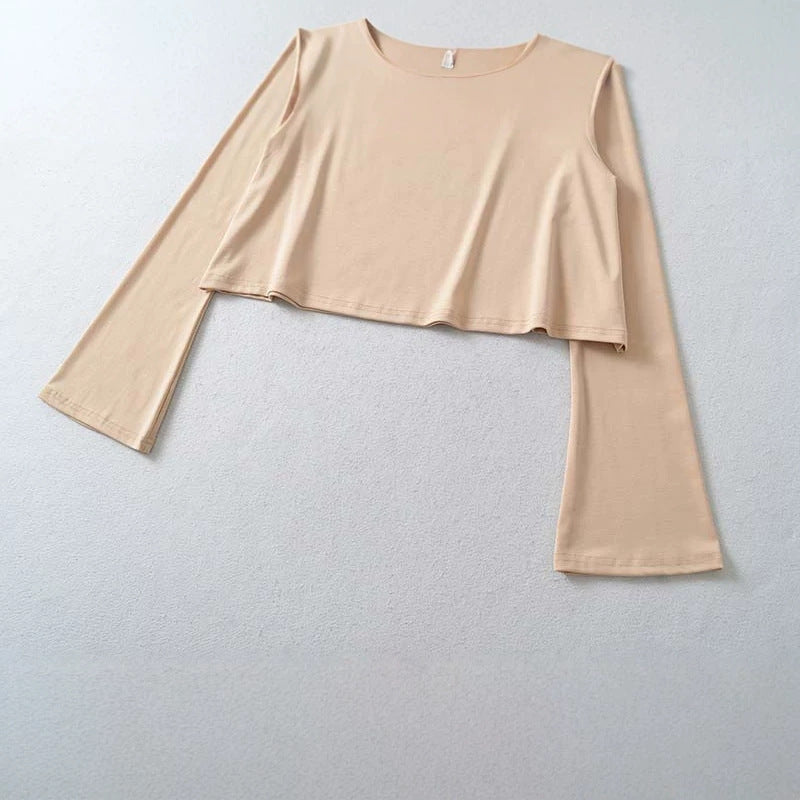 Damen Cropped Off-Shoulder Longsleeve mit ausgestellten Trompetenärmeln aus Jersey Nord Taschen