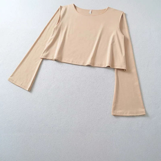 Damen Cropped Off-Shoulder Longsleeve mit ausgestellten Trompetenärmeln aus Jersey Nord Taschen