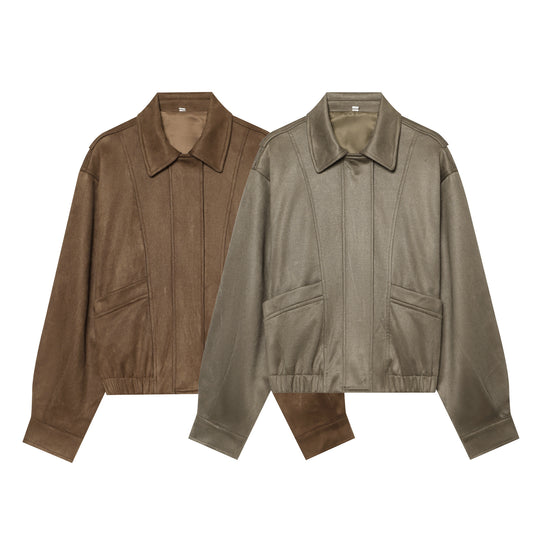 Damen Cropped Blousonjacke in Veloursoptik mit Hemdkragen, Pattentaschen und taillierendem Gummizug Nord Taschen