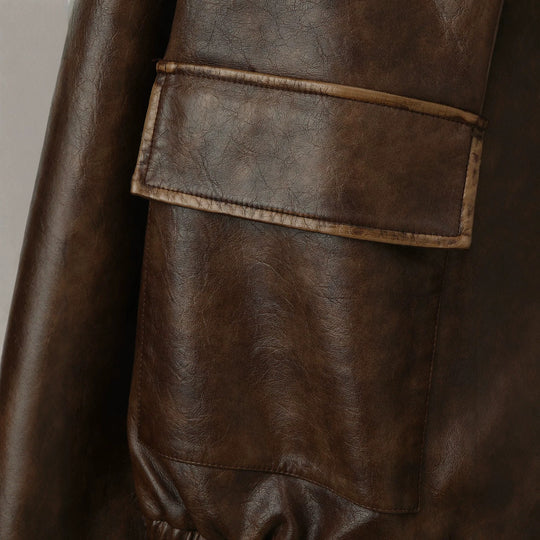 Herren Vintage-Leder-Bomberjacke mit Stehkragen, Pattentaschen und elastischem Bund Nord Taschen