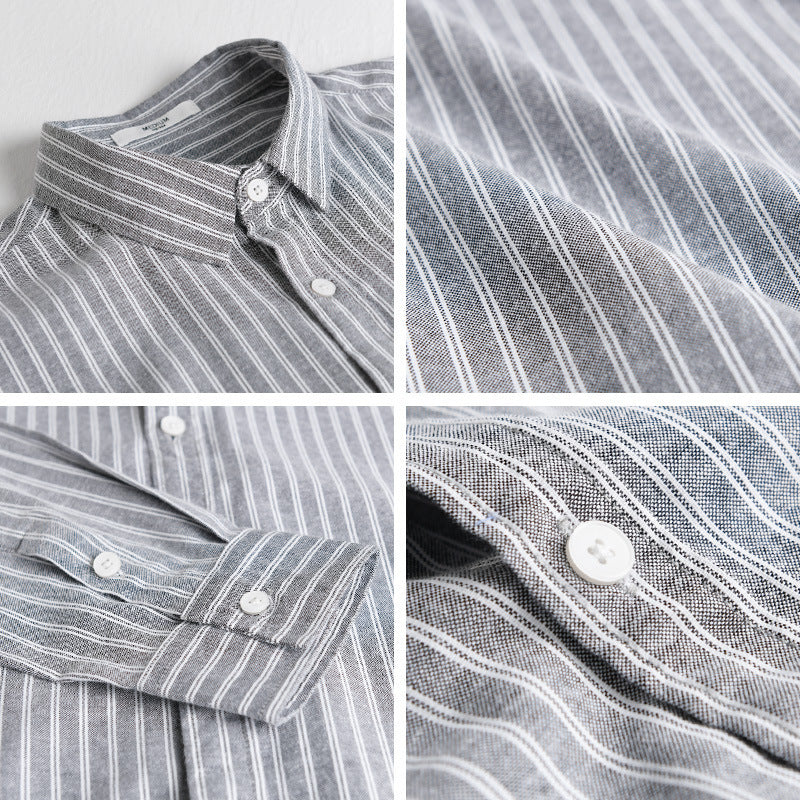 Herren Lässiges Leinen-Baumwoll-Langarmhemd mit feinem Nadelstreifen, Easy‑Care Finish und abgerundetem Saum Nord Taschen