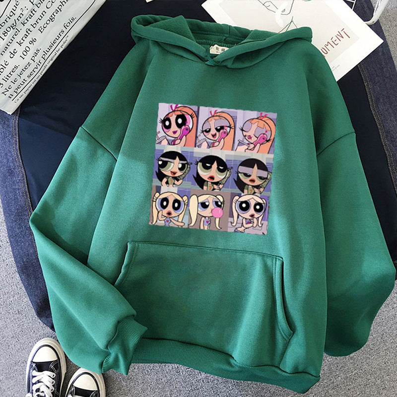 Damen nan lässiger Kapuzenpullover mit quadratischem Cartoon-Collageprint weiches Fleece Innenfutter und aufgesetzter Kängurutasche Nord Taschen