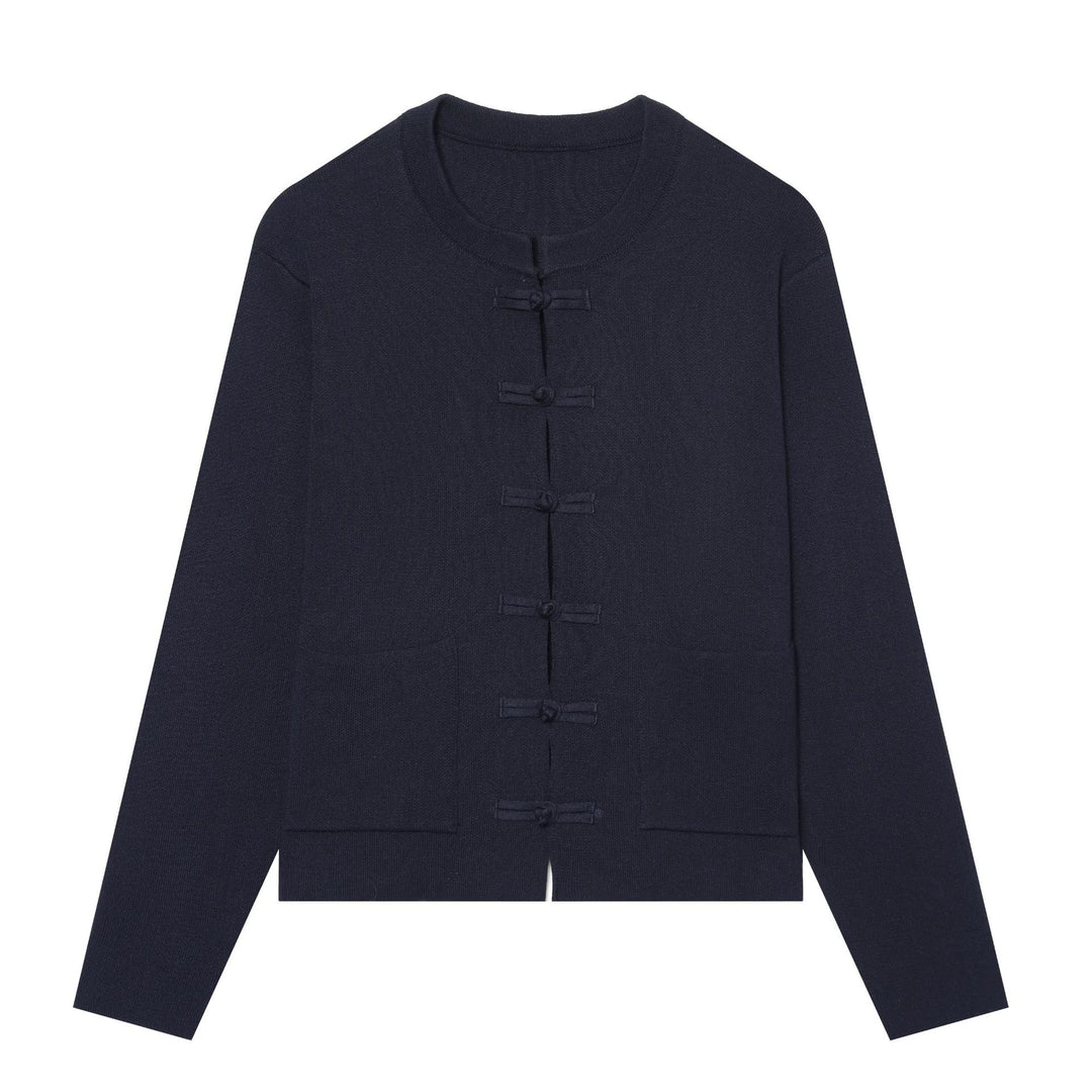 Damen Kurzer Strukturstrick-Cardigan mit Knoten-Froschverschlüssen und aufgesetzten Taschen Nord Taschen
