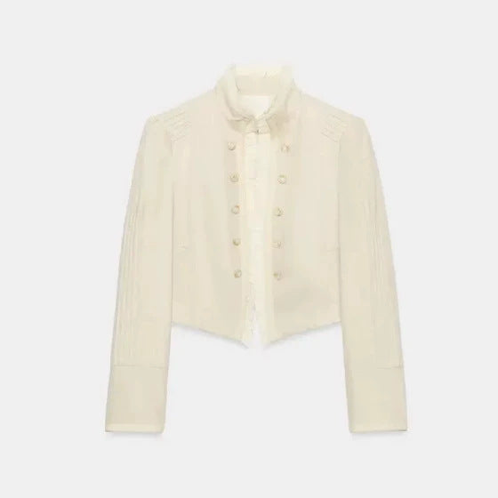 Damen Cropped Militärblouson mit Stehkragen, Zierknopfreihe und plissierten Ärmeln Nord Taschen