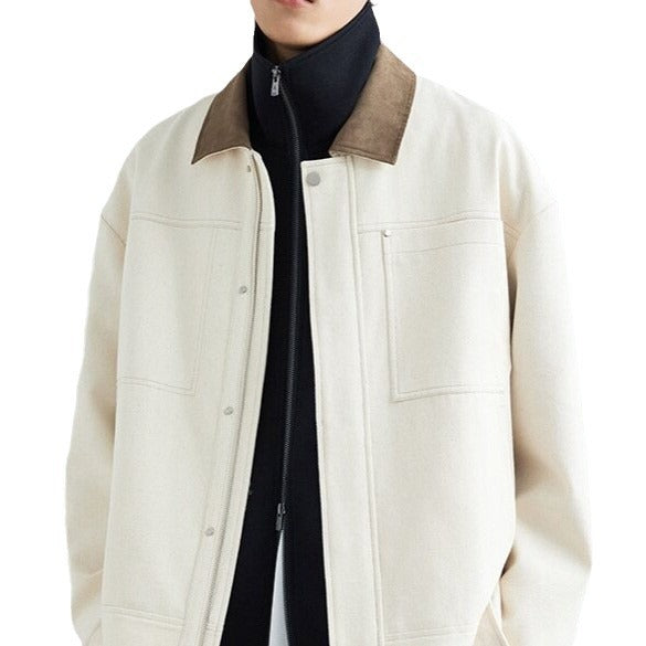 Herren Boxy-Zipjacke aus strukturiertem Baumwollmix mit Lederkragen und verdeckter Druckknopfblende Nord Taschen