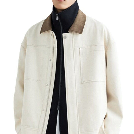 Herren Boxy-Zipjacke aus strukturiertem Baumwollmix mit Lederkragen und verdeckter Druckknopfblende Nord Taschen