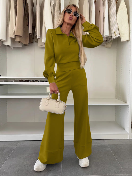 Damen Zweiteiliges Lounge-Set mit Polokragen und taillenhoher Palazzohose Nord Taschen